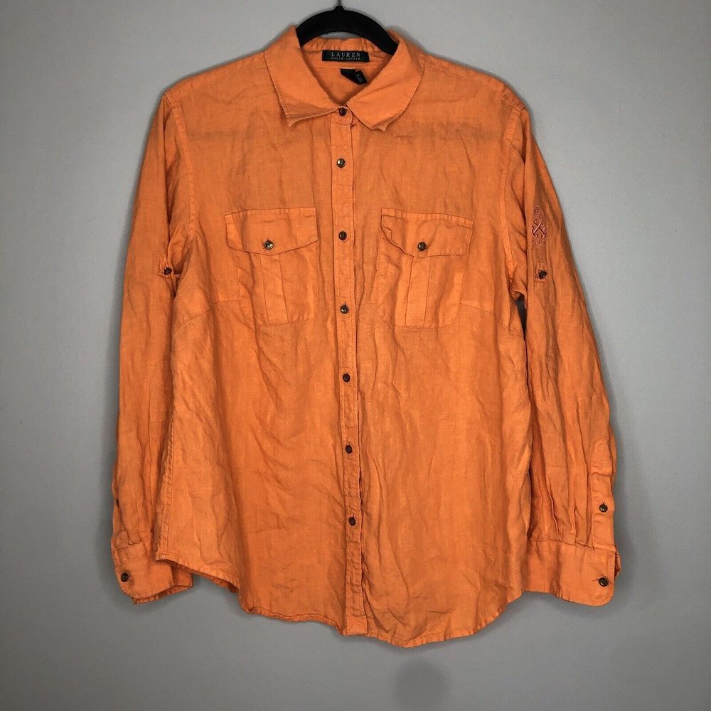 Lauren Ralph Lauren Women's 1X Orange 100% Linen Pockets Long Sleeve Shirt